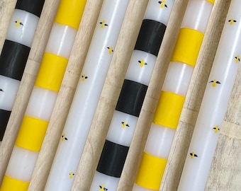 Hand-Painted Bee Taper Candles - Set of 2 - Whimsical Decor