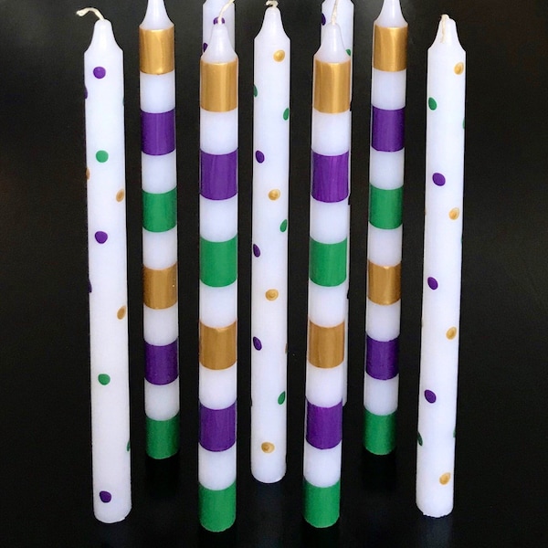 Mardi Gras Taper candles, Set of two stripes or polka dots