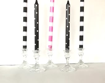 Hand Painted Taper Candles (Set of 2): Striped or Polka Dot, Decorative Use