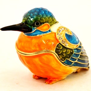 Jeweled Kingfisher Bird Trinket Box by Ciel Collectables Multi Colored Enamel with Austrian Crystal
