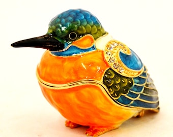 Jeweled Kingfisher Bird Trinket Box by Ciel Collectables Multi Colored Enamel with Austrian Crystal