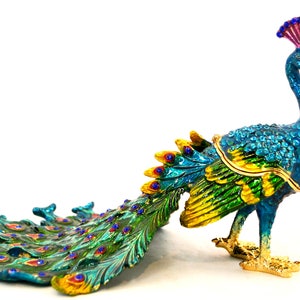 Ciel Collectables Long Peacock Trinket Box, Hand Painted Enamel with Hand Set Swarovski Crystal