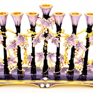 Handmade Floral Menorah Candle Holder. Crafted with Swarovski Crystals & Enamel. Free Shipping. Comes in 2 Colors