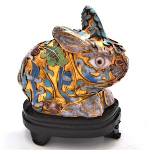 Vintage Chinese Gold Cloisonne Rabbit on Wood Stand. Hand Painted Enamel. Free Shipping