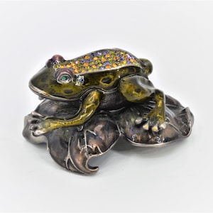 Bejeweled Frog on Lily Pad Trinket Box. Hand Painted Enamel with Swarovski Crystals. Free Shipping