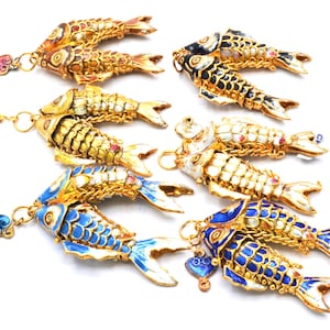 2.5 inch Long Vintage Chinese Cloisonne Articulated Double Fish Pendant. Free Shipping