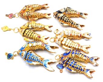 2.5 inch Long Vintage Chinese Cloisonne Articulated Double Fish Pendant. Free Shipping
