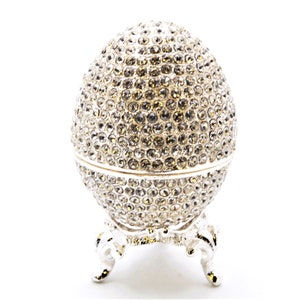 All Jeweled Egg Trinket Box with Stand. Hand Set Swarovski Crystals with Silver Plating