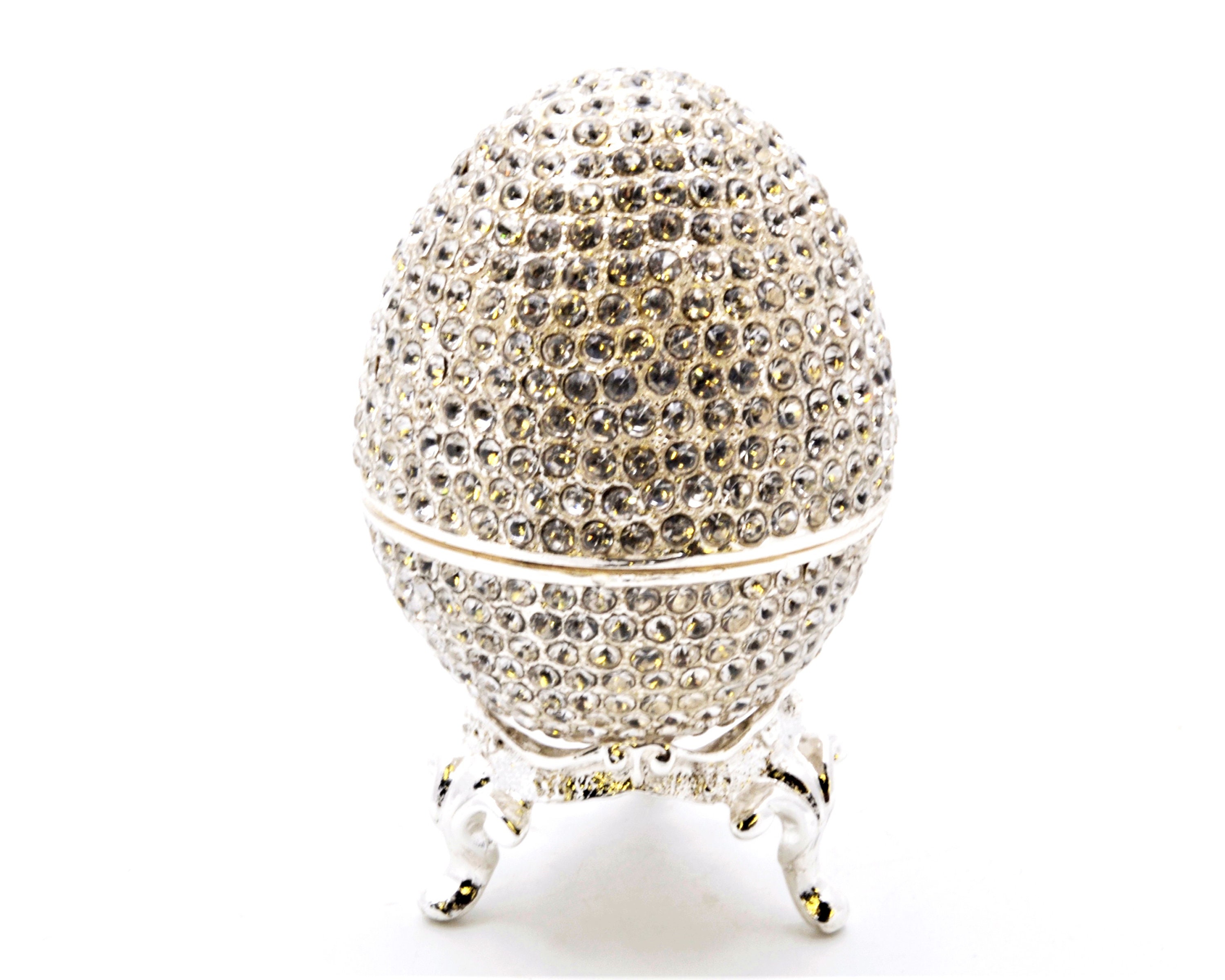 All Jeweled Egg Trinket Box with Stand. Hand Set Swarovski Crystals with Silver Plating