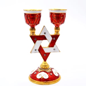 Bejeweled Judaica Shabbat Candle Holder with Star of David. Hand Painted Enamel & Swarovski Crystals.