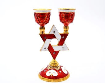 Bejeweled Judaica Shabbat Candle Holder with Star of David. Hand Painted Enamel & Swarovski Crystals.