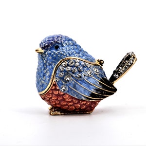 Blue Swallow Bird Trinket Box By Ciel. Hand Painted Enamel with Swarovski Crystals, Gold Plating & Gift Box. Free Shipping