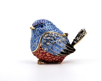 Blue Swallow Bird Trinket Box By Ciel. Hand Painted Enamel with Swarovski Crystals, Gold Plating & Gift Box. Free Shipping