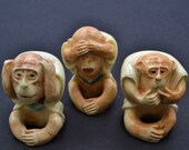 Vintage Resin Set of 3 Wise Monkeys. Hand Carved Okimono Japanese Netsuke Figurine