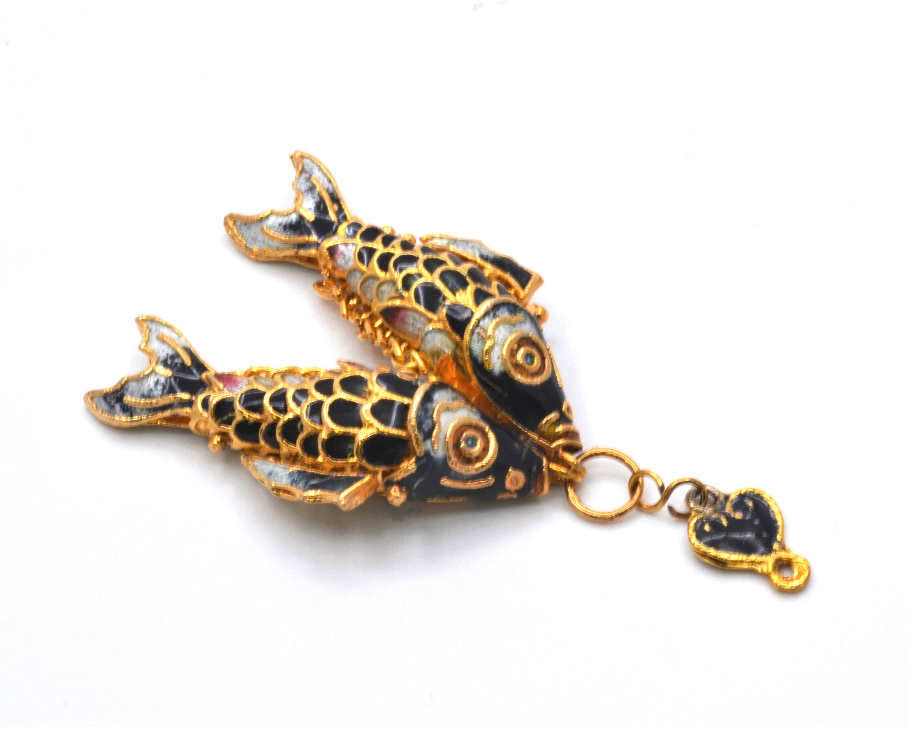 長さ 2.5 インチのヴィンテージ中国七宝焼き関節式ダブルフィッシュ