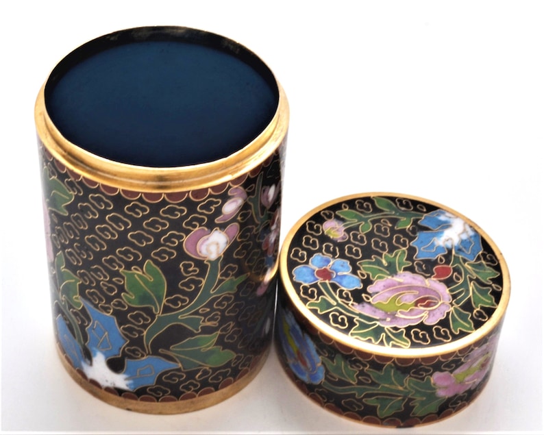 Ciel Collectables Hand Made Cloisonne Tall Cylinder Box with Floral Designs Color Black