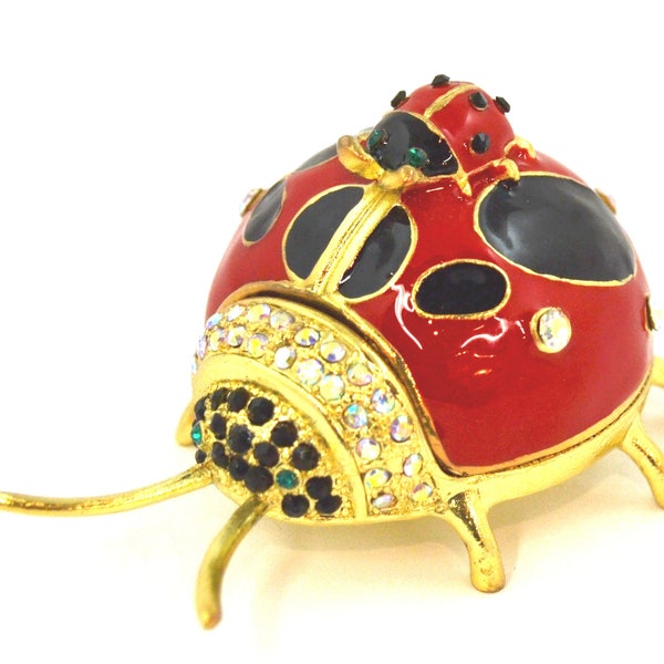Ladybug with Baby Trinket Box by Ciel Collectables. Hand Painted Red Enamel with Clear Swarovski Crystals & Gold Plating. Free Shipping