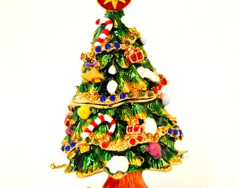 Ciel Collectables Christmas Tree Trinket Box, Hand Painted Colorful Enamel & Hand Set Swarovski Crystal