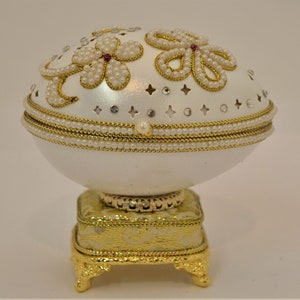 Jeweled Goose Egg Musical Box. Hand Crafted with Swarovski Crystals & Faux Pearls.