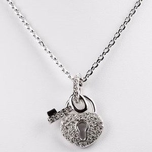 Jeweled Key & Lock Pendant Necklace. Hand Set Swarovski Crystals with Silver Plating. Made with Lead Free Metal