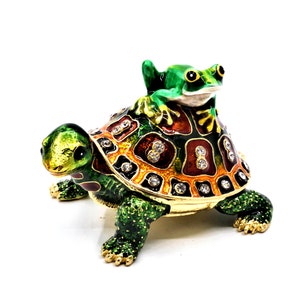 Jeweled Tortoise with Frog Trinket Box by Ciel. Hand Painted Enamel with Swarovski Crystals & Gold Plating. Free Shipping