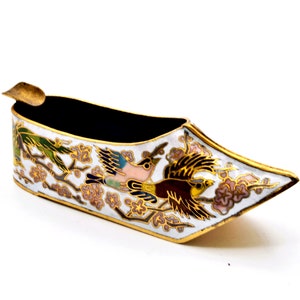 Vintage Cloisonne Shoe Shape Ash Tray. Hand Painted with Flower & Bird Design.