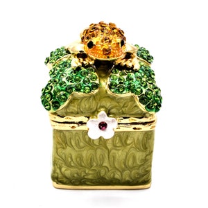 Bejeweled Brown Frog on Lily Pad Trinket Box. Hand Painted Green Enamel with Swarovski Crystals & Gold Plating. Free First Class Shipping