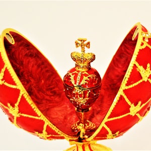 Faberge Style Egg Trinket Box with Egg & Clock Inside. Hand Crafted with Enamel, Swarovski Crystals, Gold Plating
