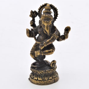 1.25 Inches Tall Dancing Ganesh with Snake. Hand Details on Brass with Patina. Free Shipping.