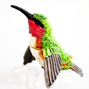 Bejeweled Humming Bird Trinket Box By Ciel. Hand Made with Swarovski Crystals Green enamel Gold Plating. Free First Class Shipping