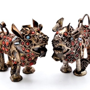 Vintage Nepalese Foo Dog Pair. Hand Crafted with Faux Turquois & Coral Beads