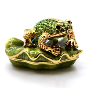 Bejeweled Frog on Lily Pad Trinket Box. Hand Crafted with Austrian Crystals Enamel