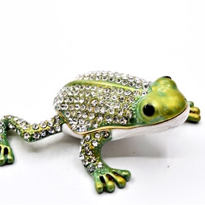 All Jeweled Leaping Frog by Ciel. Hand Set Clear Swarovski Crystals with Green Enamel, Gold Plating. Free First Class Shipping