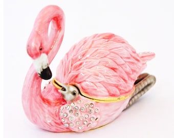 Hand Made Flamingo with Baby Trinket Box By Ciel Collectables. Made with Swarovski Crystals and Pink Enamel. Ships For Free with Tracking