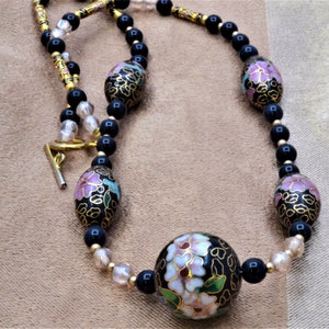 Vintage Cloisonne Black Enamel Floral Bead with Combination of Other Vintage Beads 24&quot; Knotted Necklace. Free Shipping