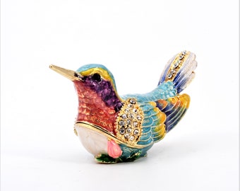 Colorful Enamel Humming Bird Trinket Box by Ciel. Hand Painted Enamel with Clear Swrovski Crystals, Gold Plating. Free Shipping