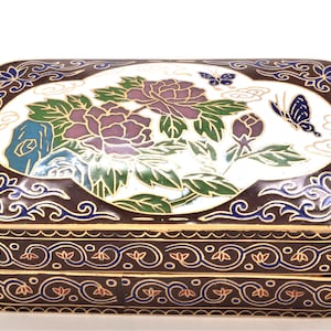 Vintage Chinese Cloisonne Card Box. Hand Painted Enamel with Flower & Bird Designs . Free Shipping