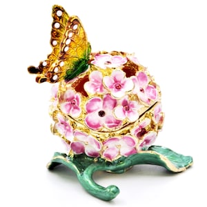Flower Decoration with Butterfly Trinket Box. Hand Painted Enamel & Swarovski Crystals.
