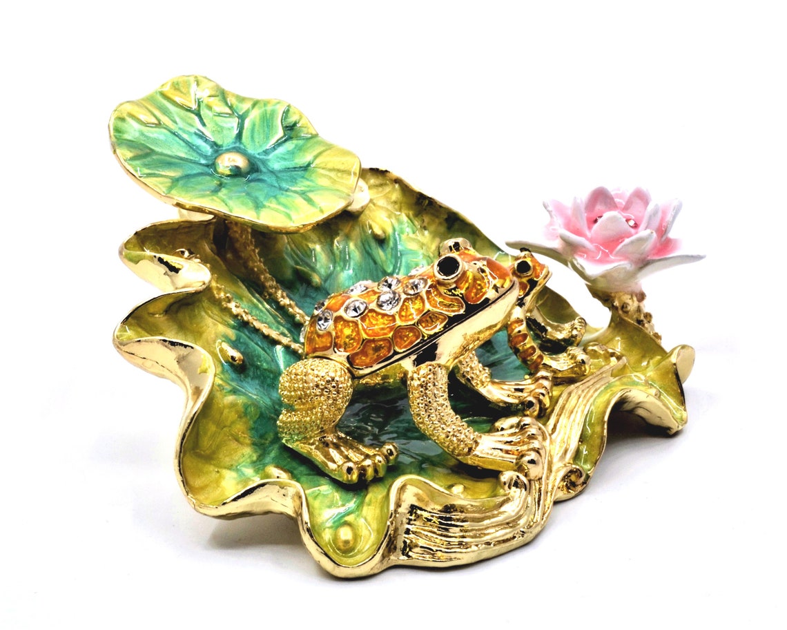 Two Frogs on Lily Pad with Flowers Trinket Box. Hand Crafted Etsy