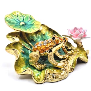 Two Frogs  on Lily Pad with Flowers Trinket Box. Hand Crafted with Enamel & Swarovski Crystals with Gold Plating