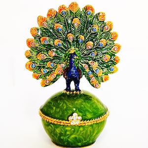 Fan Shape Tail Peacock on Trinket Box. Hand Painted Enamel with Swarovski Crystal & Gold Plating