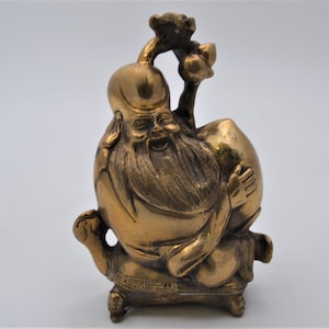 Vintage Chinese God of Longevity on Turtle with Peach Figurine. Made From Brass by Hand with Lots of Details.
