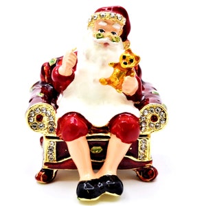 Santa Clause Sitting on Chair Trinket Box. Hand Painted Enamel & Swarovski Crystals with Gold Plating