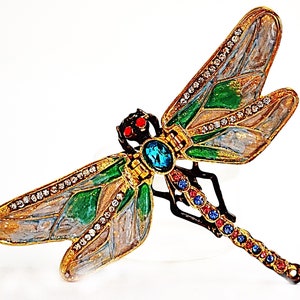 May include: A detailed dragonfly brooch with gold-tone metalwork. The wings are painted with green, blue, and tan hues, accented with clear rhinestones. The body features a large blue gemstone and smaller red and blue gems.