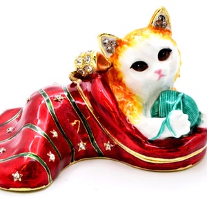 Cute Cate Sitting in Holiday Stocking Trinket Box. Hand Painted Enamel with Swarovski Crystals