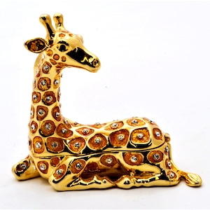 Jeweled Sitting Giraffe Trinket Box. Hand Painted Enamel & Swarovski Crystals with Gold Plating.