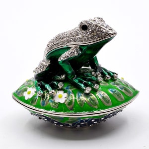 Bejeweled Frog Sitting on Trinket Box. Hand Set Clear Crystals with Green Enamel.