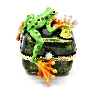 Funny Frog on Floral Trinket Box By Ciel. Hand Crafted with Swarovski Crystals & Enamel with Gold Plating. Free First Class Shipping