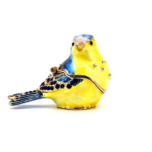 Hand Crafted Sparrow Bird Trinket Box By Ciel Collectables. Hand Painted Enamel with Blue Swarovski Crystals & Gold Plating. Free Shipping
