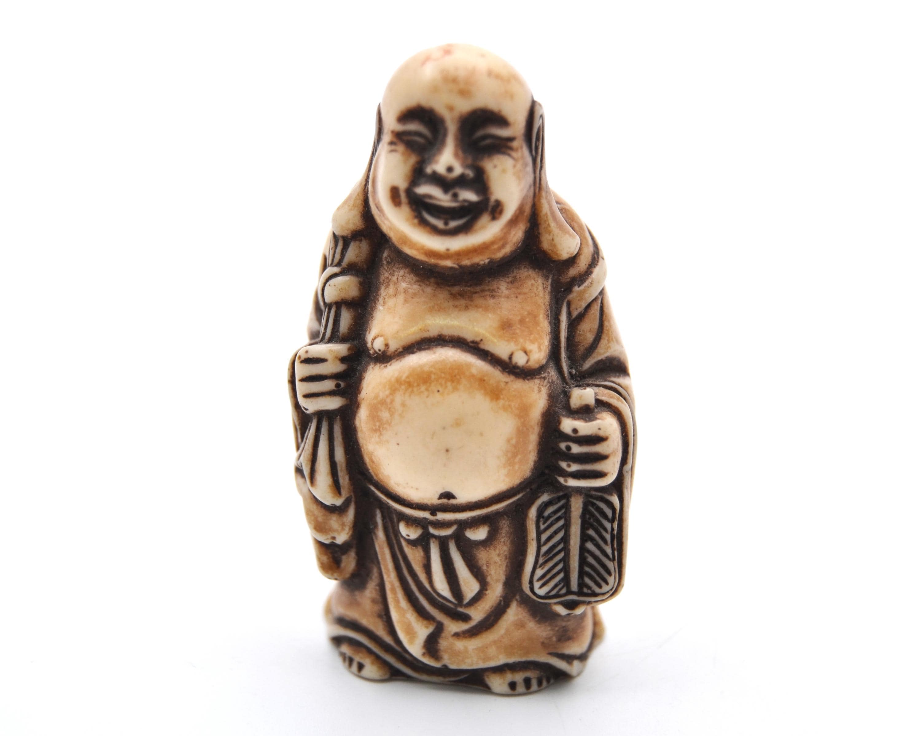 古物木製 仏像 置物 ビンテージ樹脂製の幸せな仏像の置物。細部まで手彫りされています